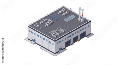 Isometric industrial building with loading docks and HVAC systems on the roof