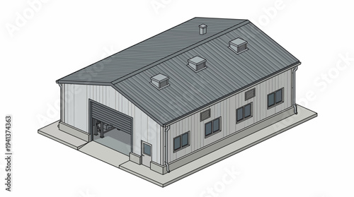 Industrial warehouse building illustration with large roll-up door and windows on a concrete foundation