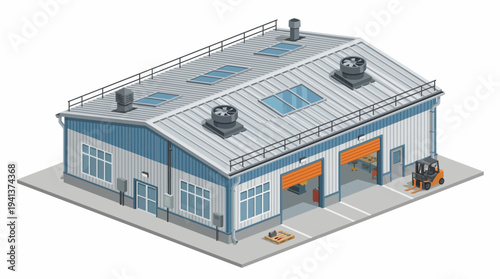 Isometric view of a modern industrial warehouse building with loading bay doors and forklift