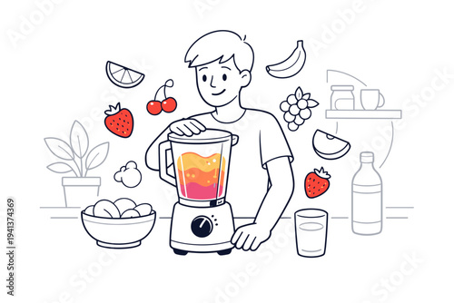 Morning smoothie routines. Person blending a colorful smoothie in a bright kitchen, fruits floating lightly around the blender. Fresh start, energy, and simple