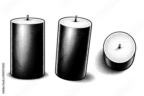 Pillar candle A thick pillar candle with flat top, solid mass, and minimal surface variation shown from front, angled, and top-down views as a single isolated