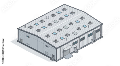 Isometric industrial warehouse building with multiple skylights and loading dock doors, representing logistics and storage facility