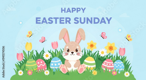 Easter bunny sitting in grass with colorful eggs and flowers on easter sunday morning