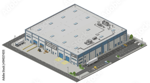 Isometric industrial warehouse building exterior with loading docks and surrounding infrastructure, showcasing a modern distribution center for logistics and supply chain operations