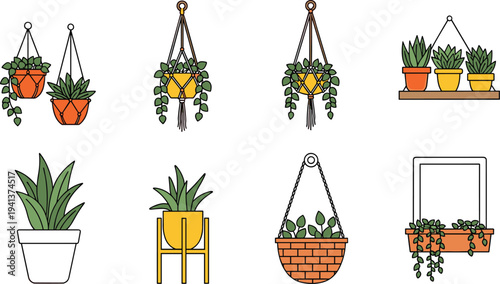 Set of eight decorative indoor houseplant icons in pots and macrame hangers, including succulents and hanging vines, ideal for interior design and home gardening projects.