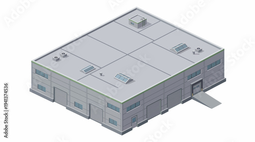 Isometric illustration of a large industrial warehouse building with loading docks and large doors, suitable for logistics or manufacturing concepts