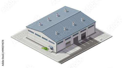 Modern industrial warehouse building with loading docks and rooftop ventilation, showcasing contemporary architecture and commercial real estate