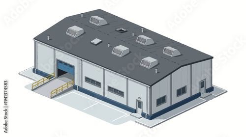 Industrial warehouse building with loading dock and multiple skylights, illustration style