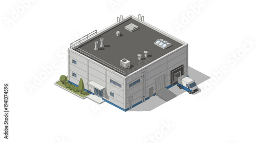 Isometric illustration of a modern industrial warehouse building with a delivery truck parked outside, representing logistics and distribution