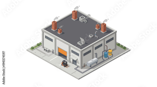 Isometric illustration of an industrial building with a forklift outside, showcasing a manufacturing or storage facility in a clean, modern design