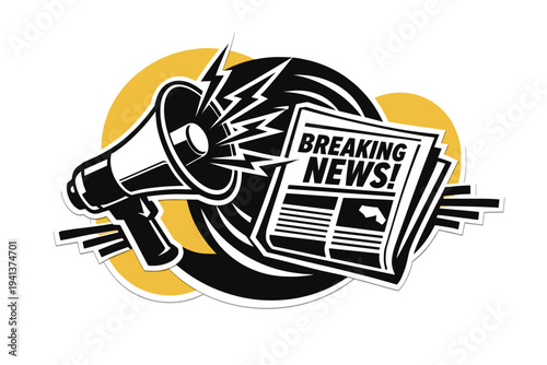 Black and white megaphone and newspaper silhouettes combined in a comic breaking news metaphor, dynamic angled layout, abstract circular forms and linear