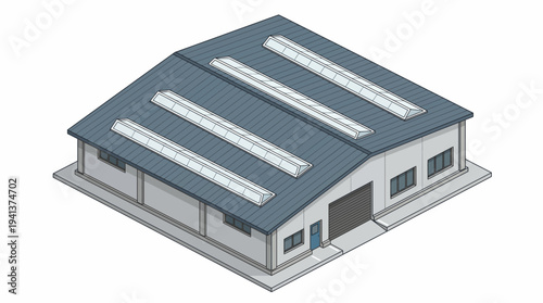 Isometric industrial warehouse building with skylights and loading bay, exterior view