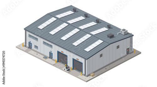 Industrial warehouse building with loading docks and overhead doors, seen from a slightly elevated isometric perspective
