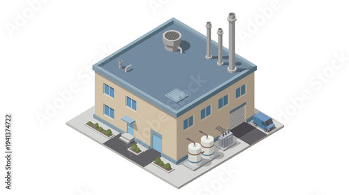 Modern industrial building illustration in isometric view, featuring a factory with storage tanks and a loading bay