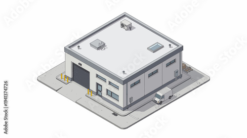 Isometric illustration of a modern commercial warehouse building with a delivery truck parked outside