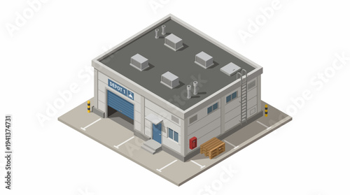 Isometric warehouse building with loading dock and storage crates, a commercial industrial structure designed for logistics and distribution operations