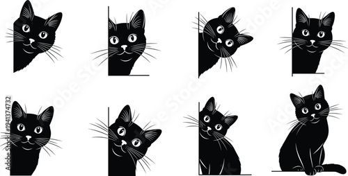 Set of cute black cat silhouettes peeking around corners and walls featuring curious feline faces with whiskers and large eyes for minimalist animal pet designs