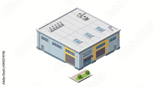 Industrial warehouse building isometric illustration, commercial property for logistics and storage solutions