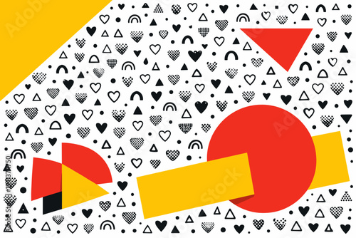 Dense yet balanced icon pattern featuring tiny black vector symbols ? hearts, triangles, abstract arcs and dots ? repeated evenly across the surface, bold
