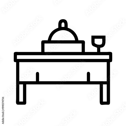 Minimalist line drawing of a small table with a faucet and glass holder isolated on white background, Vector