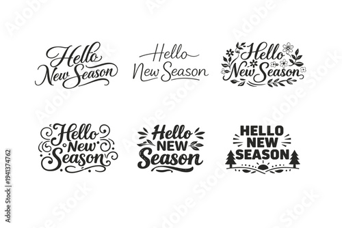 Hello New Season. Set lettering. harmonious lettering variations of the same emblematic concept, each with different artistic interpretation (Elegant script