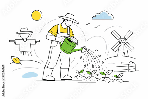 Daily farm routine. Farmer watering crops, gentle motion lines and droplets in the air. Peaceful, everyday moment focused on patience and consistency. Modern