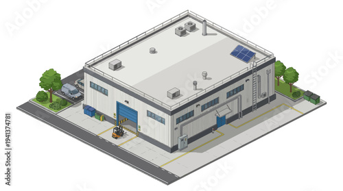 Isometric view of a modern industrial warehouse building with solar panels and a forklift in the foreground, set against a grey backdrop