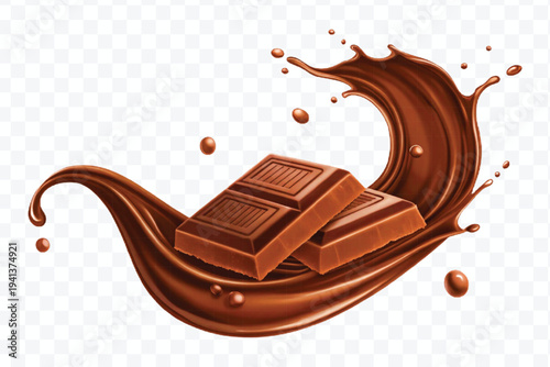 realistic 3d chocolate bar into liquid chocolate splash with bubbles in curve style isolated on transparent background
