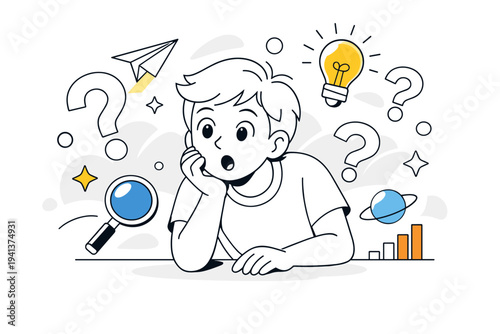 Curiosity. Person leaning forward with wide eyes, floating question marks and abstract shapes suggesting discovery. Playful, thoughtful mood driven by wonder