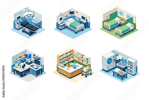HospitalFacilities. Isometric flat vector icons set of HospitalFacilities: operating room, intensive care unit, patient ward, diagnostic lab, pharmacy room,