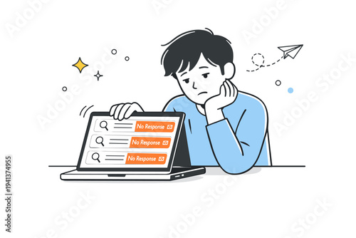 Job market disillusionment. A candidate closing a laptop with unanswered applications still visible on screen. Quiet resignation, emotional fatigue, and