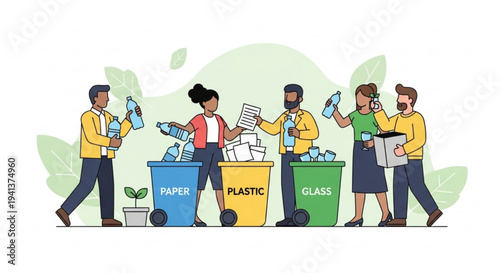 Diverse people sorting recyclable materials into color coded bins for paper plastic and glass promoting eco friendly waste management and sustainability