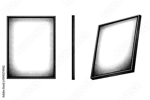 Picture frame thin profile A realistic thin-profile picture frame with minimal border shown in three views: front view, side slim thickness view, and angled