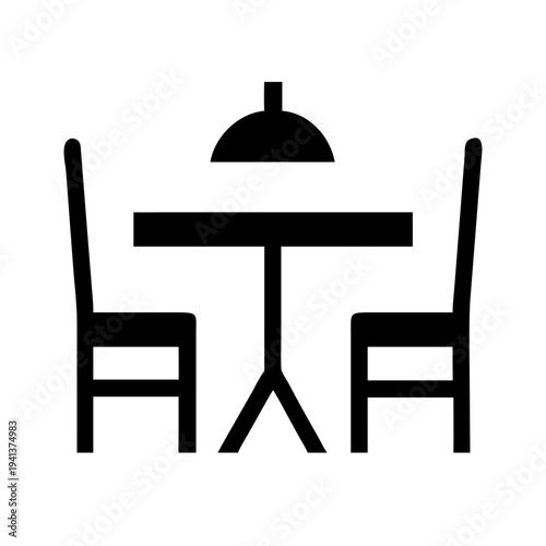Minimalist black and white illustration of a dining table with two chairs and a pendant light isolated on white background, Vector
