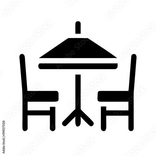 Simple black and white illustration of a dining setup with chairs and umbrella table isolated on white background, Vector