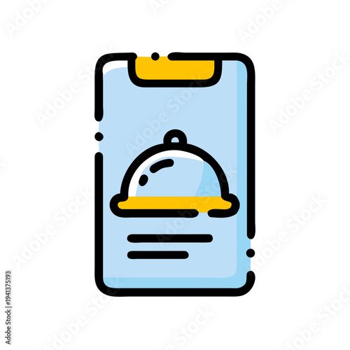 Clipboard with a stylized food service caddy icon displayed on its screen isolated on white background, Vector