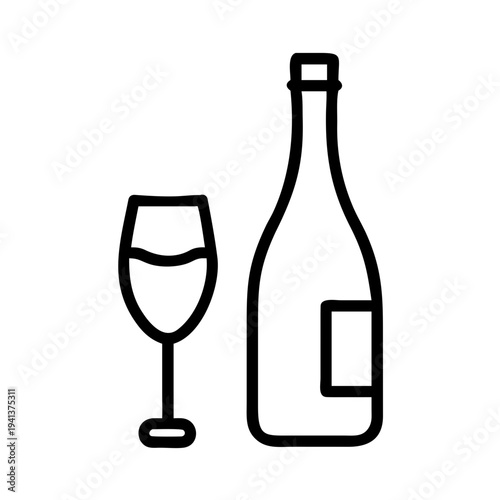 Elegant wine glass paired with a bottle of sparkling wine isolated on white background, Vector