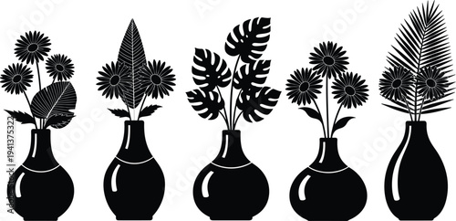 Set of five black botanical vase silhouettes with various flowers and tropical leaves including Monstera and palm fronds isolated on a white background vector.