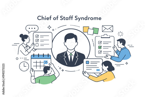 Chief of staff syndrome. A central profile icon surrounded by task cards, calendars, and message bubbles being carefully aligned. The scene conveys invisible