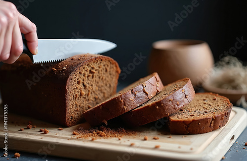 Dark rye bread loaf sliced on wooden board. Hand cuts piece with serrated knife. Three slices arranged nearby. Whole grain bakery product ready for use.