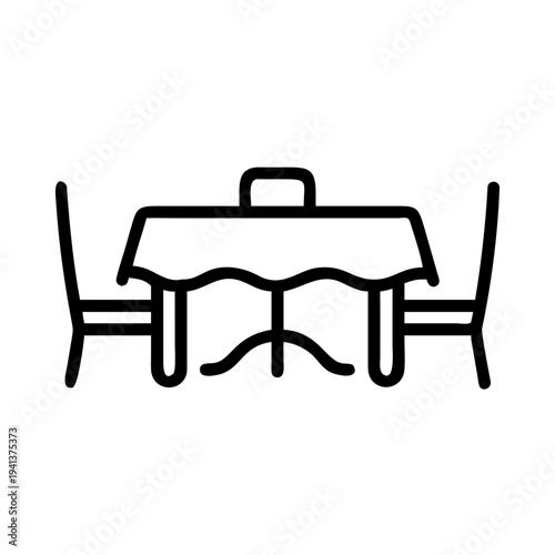 Simple line drawing of a dining table with chairs and a tablecloth isolated on white background, Vector