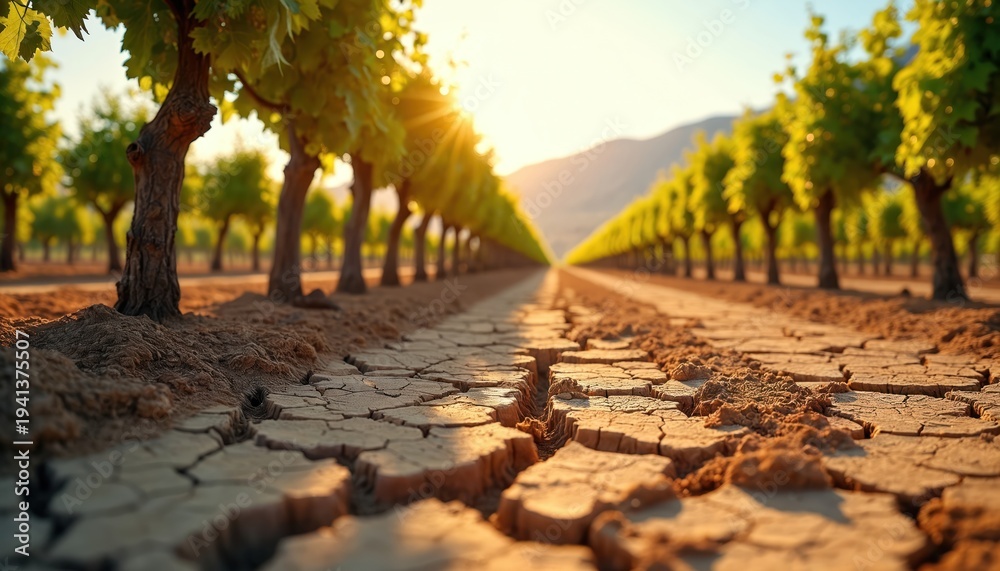 Fototapeta premium Sun shines on cracked dry earth in vineyard. Green grapevines grow in arid soil under bright sunlight. Agriculture faces drought challenges.