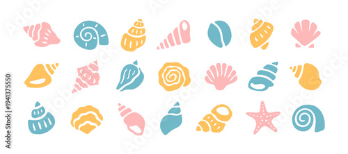 Set of colorful shells in a naive style
