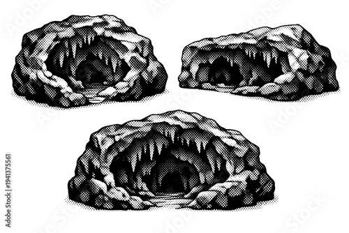 Underwater cave interior chamber mass. A realistic underwater cave interior chamber represented as a hollowed rock mass is presented as a single object shown