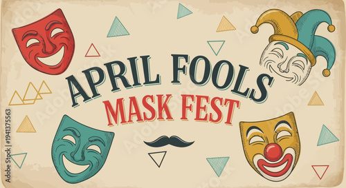 Colorful april fools' day masks and jester for prank and comedy festive background with triangles
