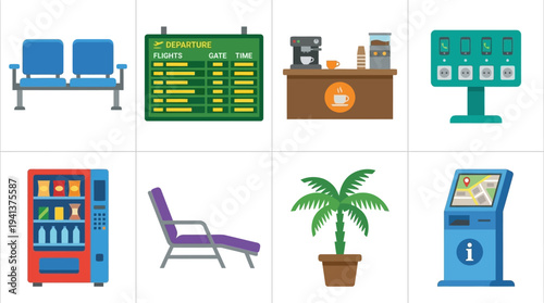Airport Amenities Icons – Seating, Café, and Information Services