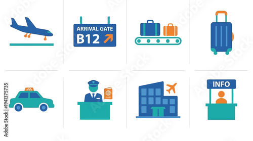 Airport Baggage Handling Icons – Luggage Logistics and Claim Illustrations
