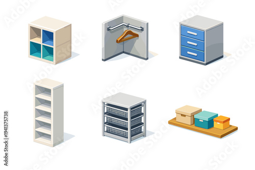 Modular Closet System. Isometric flat vector icons set of Modular Closet System: cube storage modules, corner hanging rod, drawer module with handles, open
