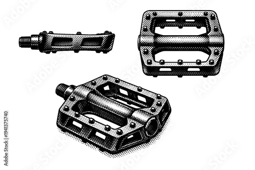 Bicycle pedal presented in side view, top view, and three-quarter perspective, clearly defining axle connection, platform surface, and structural thickness.