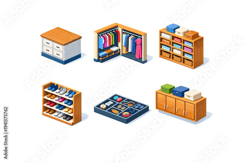 Walk-in Closet Layout. Isometric flat vector icons set of Walk-in Closet Layout: island drawer unit, perimeter hanging rods, open shelving wall, shoe display